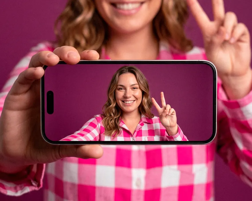 Creator holding a phone showing her own video